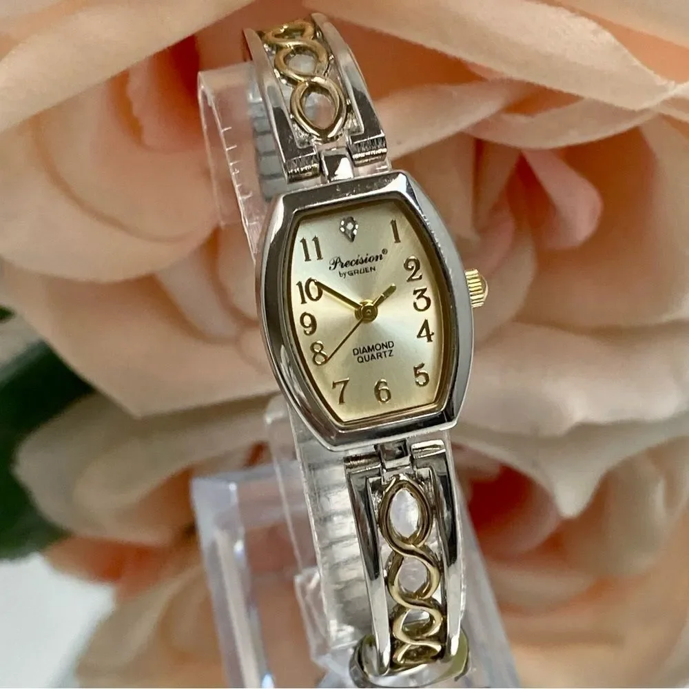 Gruen Precision Diamond Accented Dial Tonneau Case Watch with Stretch Band